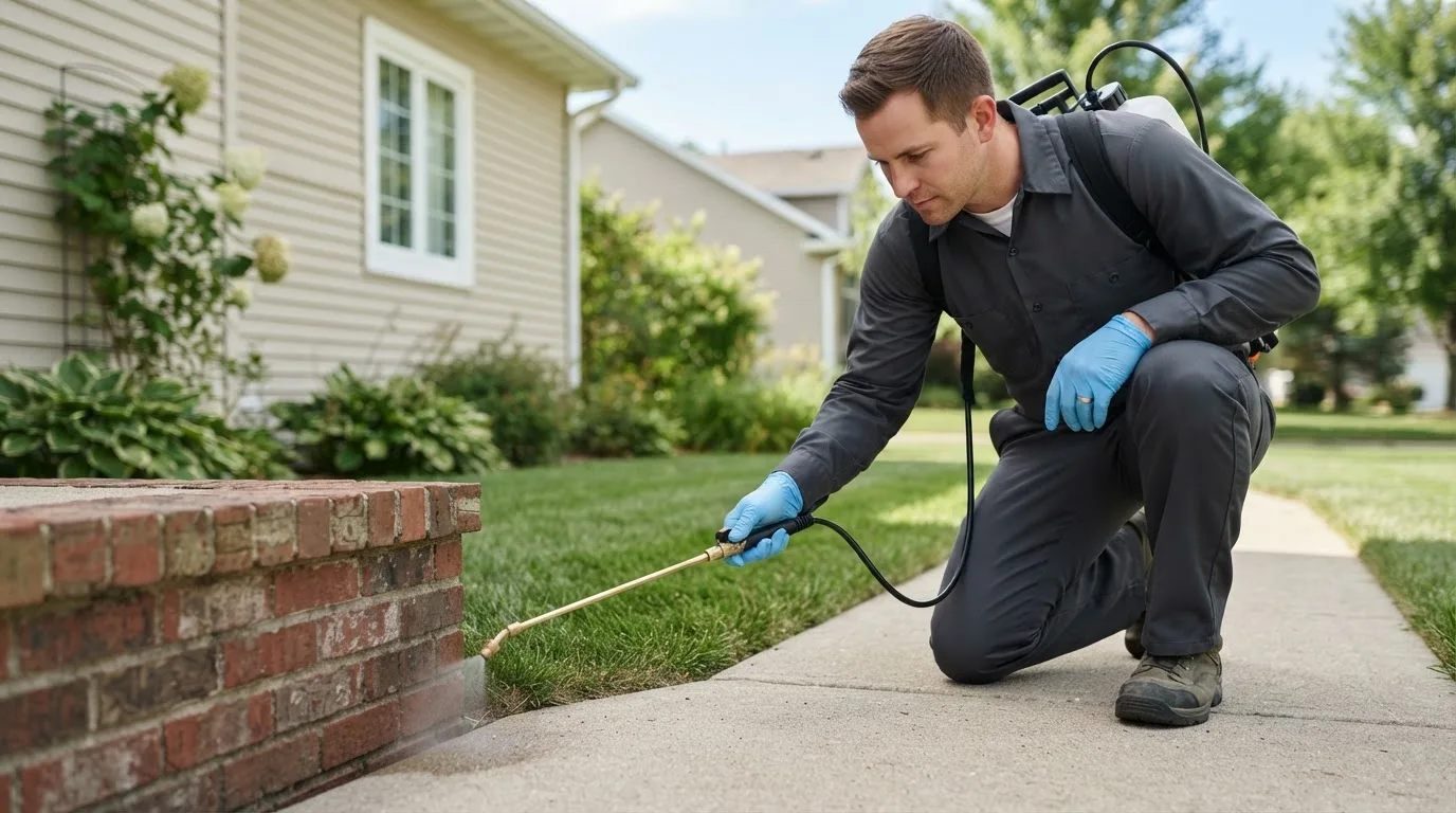 Pest control technician treating a home near Comstock, WI