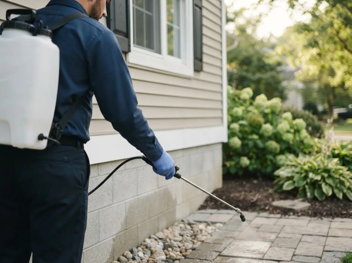 Pest control technician inspecting a home in Comstock, WI